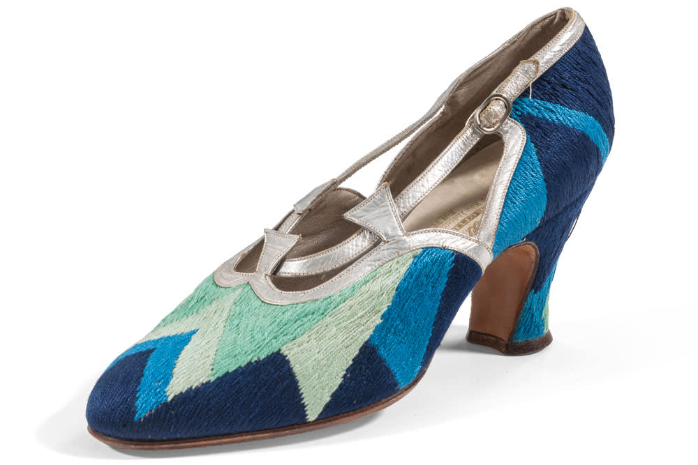 Sonia delaunay designed court shoe  1925  leather  silk and embroidery