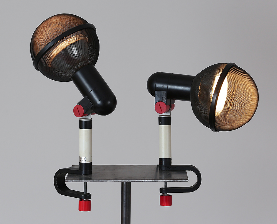 Roger tallon  pair of bracket lamp model    micro    enameled metal and red abs manufactured by erco  1970s