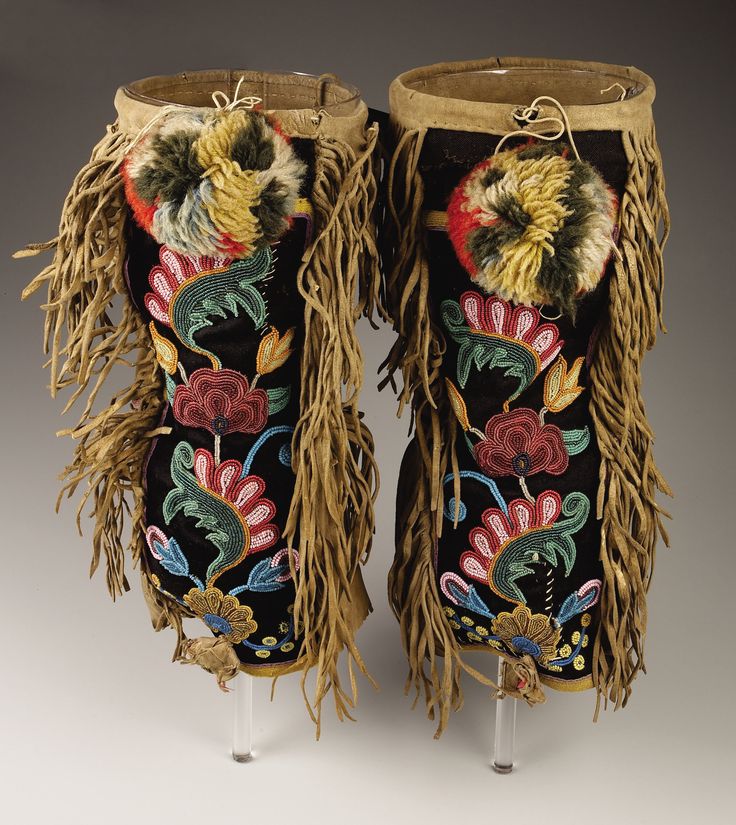 A pair of athabaskan woman s beaded hide leggings. c. 1890