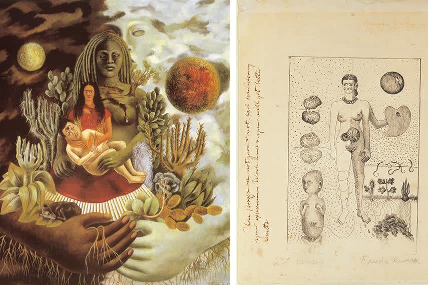  Frida Kahlo, Left The Love Embrace of the Universe, 1949 - Right The Abortion, 1932 