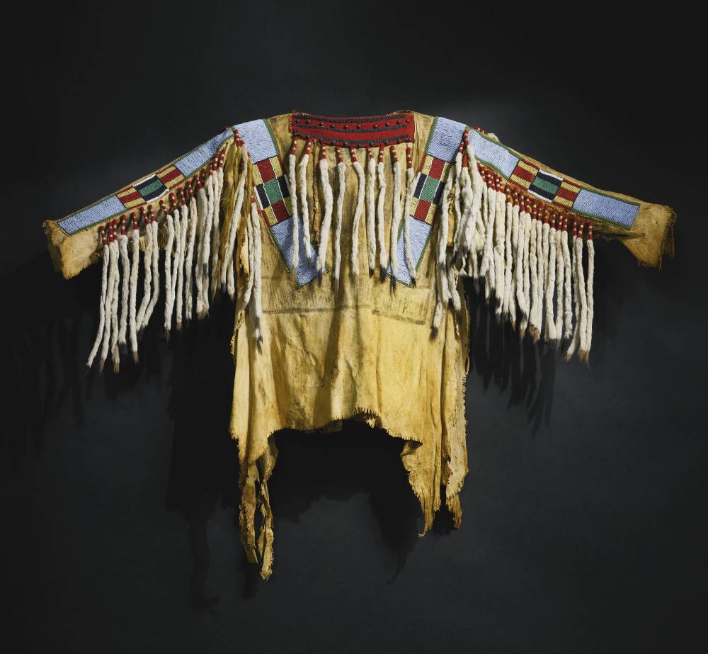 American indian crow beaded hide war shirt