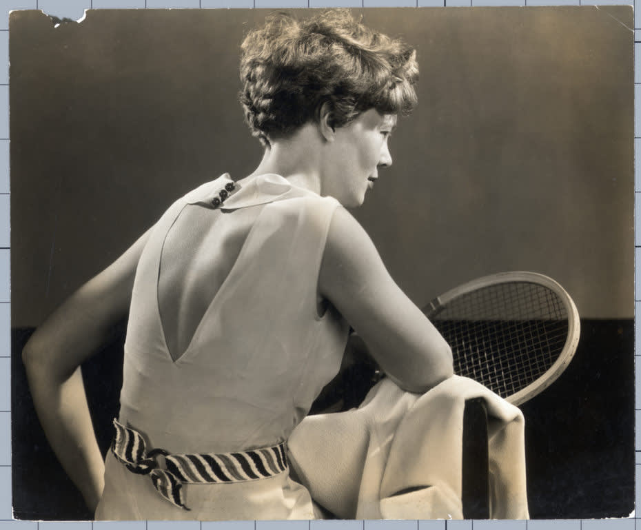  Amelia Earhart Modeling, Propeller Buttons at Back of Dress 