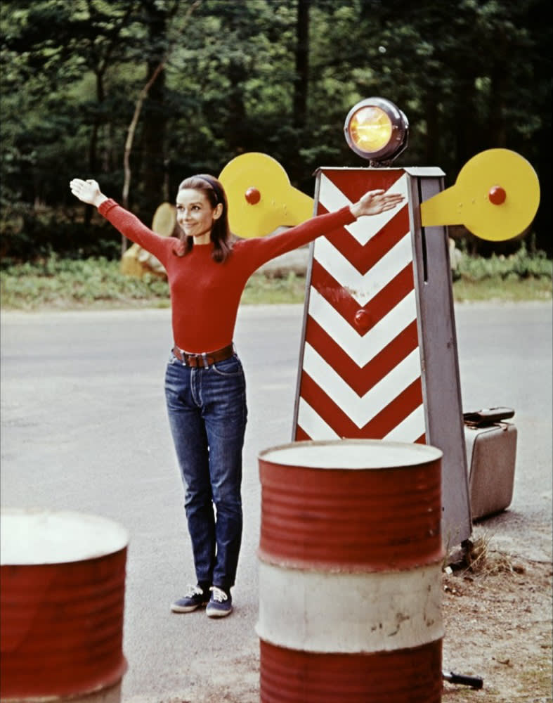  Two for the Road , Audrey Hepburn as Joanna, Wearing Timwear sweater, Levi's, Gucci belt, League for Montgomery Ward tennis shoes 