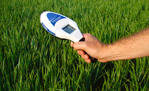 A in-field photograph of a farmer using Trimble's GreenSeeker handheld crop sensor to check nutrient levels.