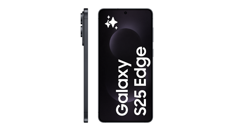 Samsung Galaxy S25 Edge i svart färg, visad framifrån med skärmtext och från sidan som visar telefonens tunnhet.
