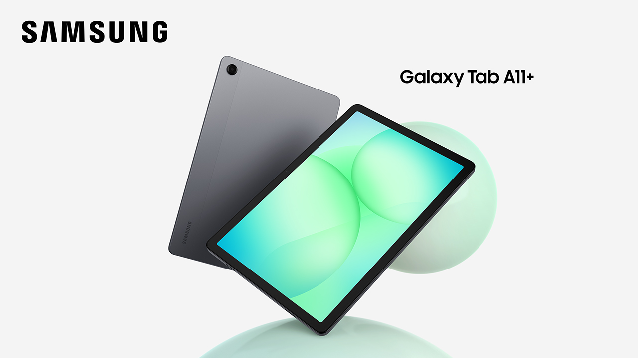 Samsung Galaxy Tab A11+ visad framifrån och bakifrån i grå färg, med grön sfär och turkost skärmbakgrund.