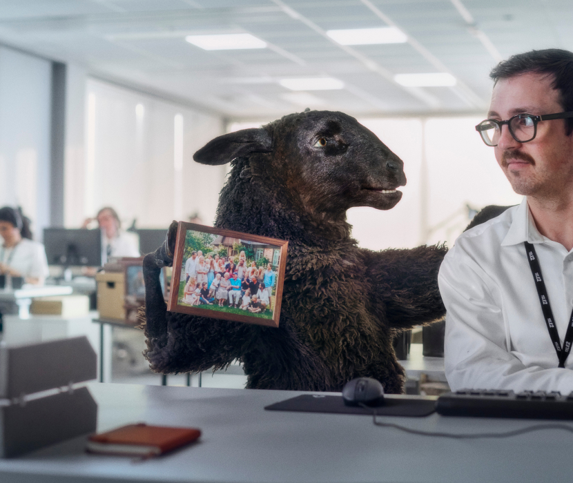 Ett svart får håller upp en inramad familjefoto mot en man med glasögon på ett kontor.