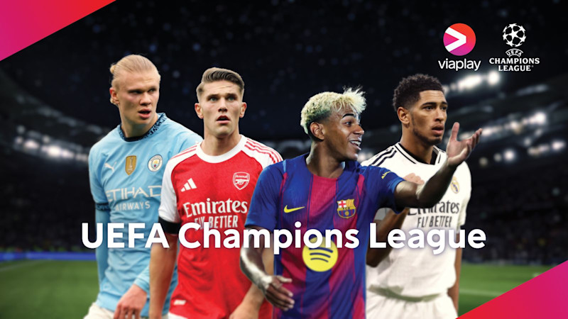 Fotbollsspelare från olika klubbar i Champions League med Viaplay-logotypen och UEFA Champions League-emblem.