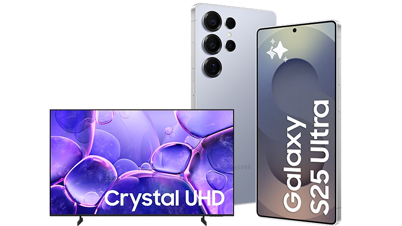 En Samsung Galaxy S25 Ultra bredvid en Crystal UHD-TV med lila skärm som visar bubbelliknande mönster.