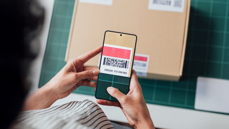 En person använder en Galaxy S26+-smartphone för att scanna en kod på ett paket.