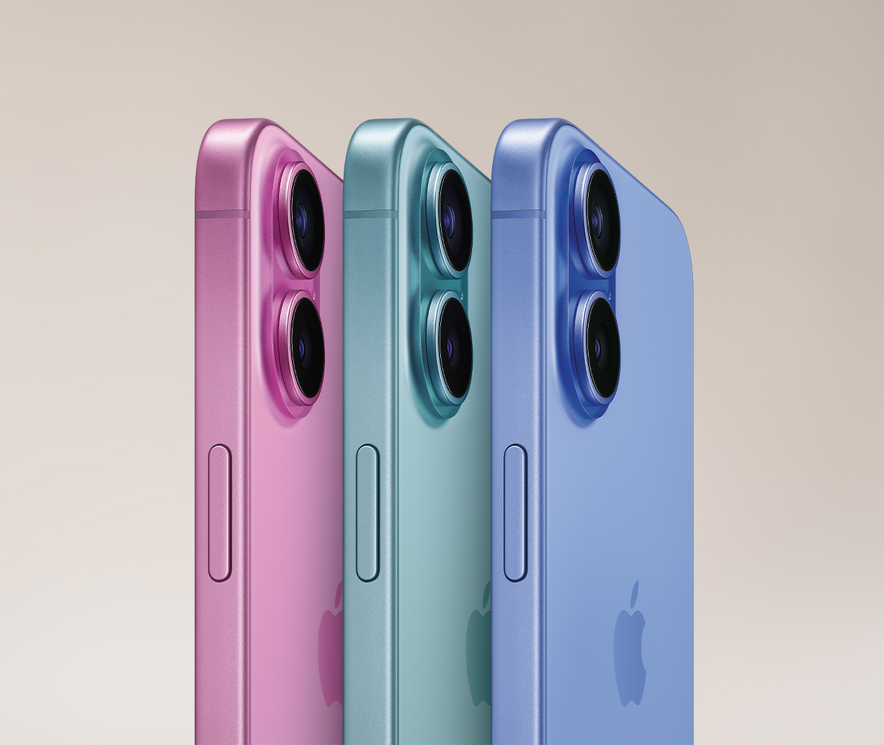 Tre iPhone-modeller sedda bakifrån i färgerna rosa, turkos och blå, med dubbla kameror synliga.
