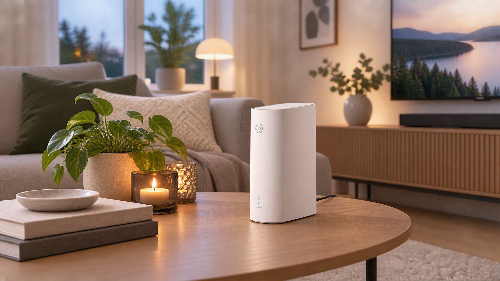 En vit 5G-router på ett träbord i ett mysigt vardagsrum med ljus, växter och en TV i bakgrunden.