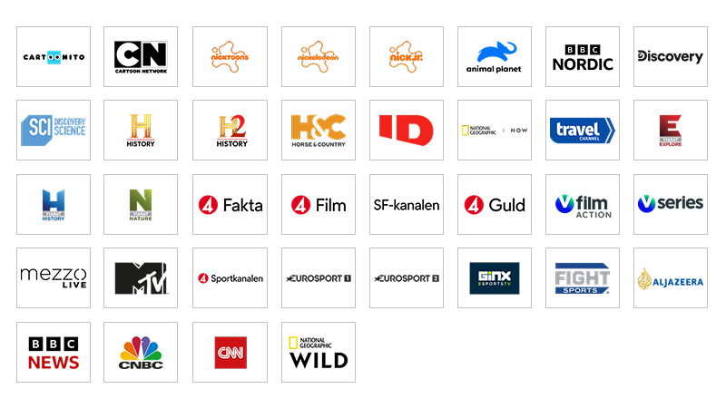 Ett rutnät med TV-kanallogotyper, inklusive Cartoon Network, Nickelodeon, Discovery, History, MTV, Eurosport och Al Jazeera.