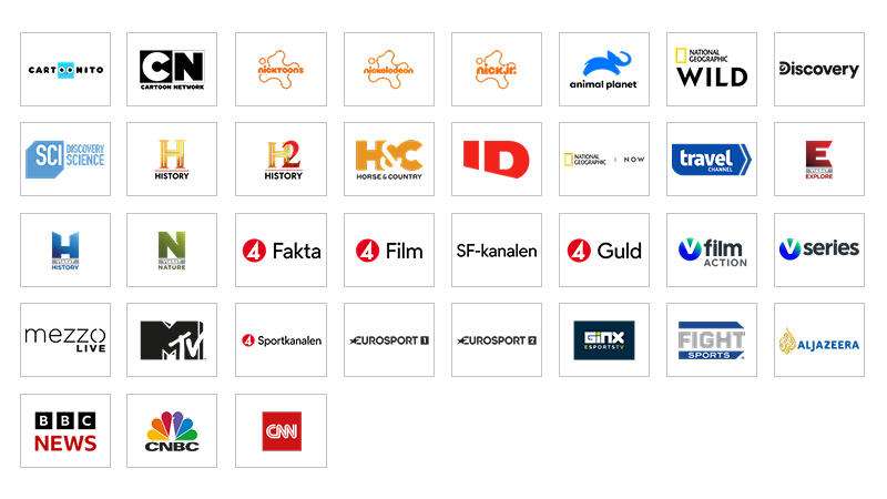 Ett rutnät med TV-kanallogotyper, inklusive Cartoon Network, Nickelodeon, Discovery, History, MTV, Eurosport och Al Jazeera.