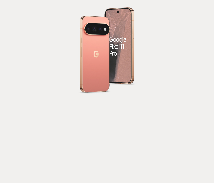 Google Pixel 11 Pro visad framifrån och bakifrån i rosa färg med guldkanter och trippelkamera.