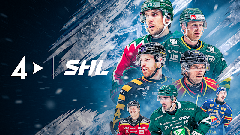 Ishockeyspelare i olika färgglada tröjor med SHL-logotypen, visar spelare från olika lag i den svenska hockeyligan.