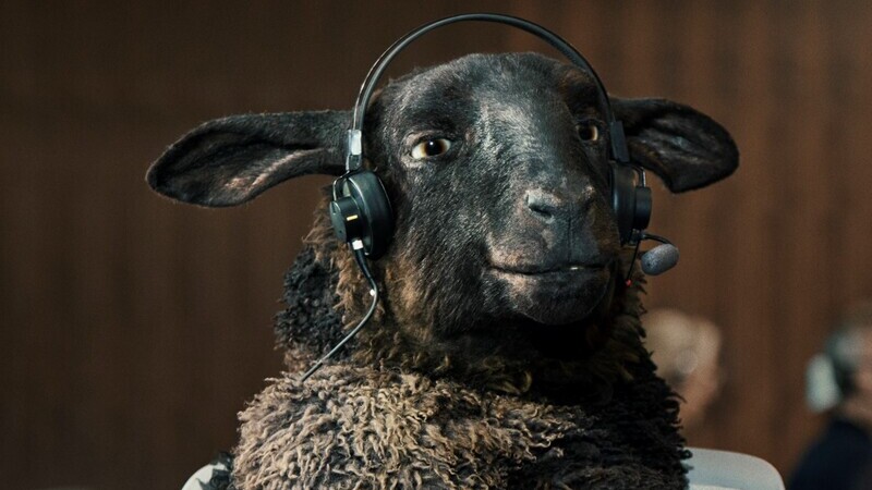 Det svarta fåret Frank med headset mot en brun vägg.