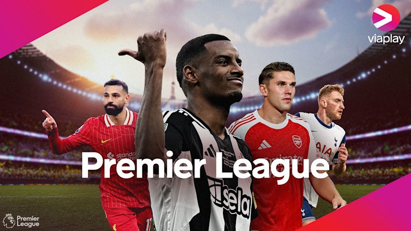 Fotbollsspelare från olika Premier League-lag poserar framför en stadion med Viaplay-logotypen och Premier League-text.