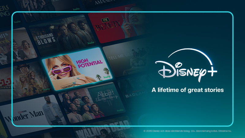 Kollage av Disney+ innehåll med logotyp och text "Streama nu" och "A lifetime of great stories" mot blå bakgrund.