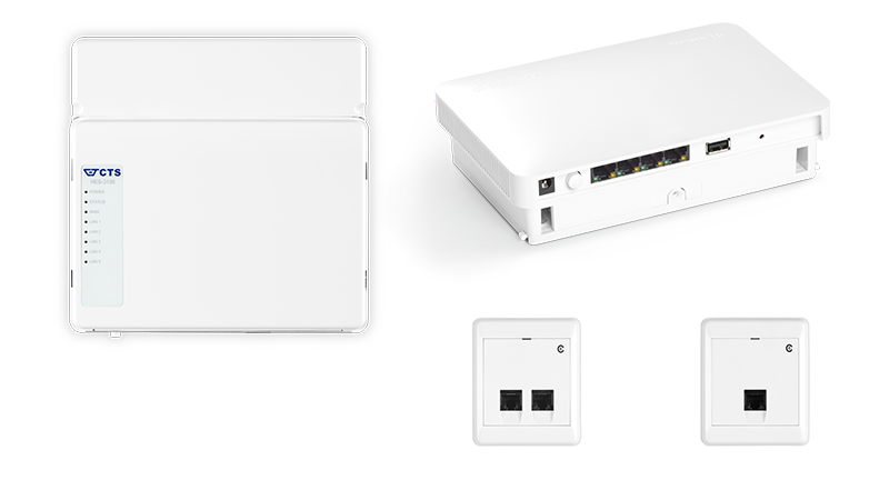 Exempel på uttag för FiberLAN. Till vänster en framsida på en vit box. Upp till höger baksidan på en vit box med uttag. Nertill uttag som sitter i väggen.