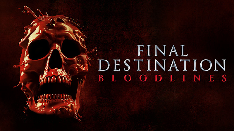 En blodig röd dödskalle med stänk bredvid filmtiteln "Final Destination Bloodlines" mot mörk bakgrund.