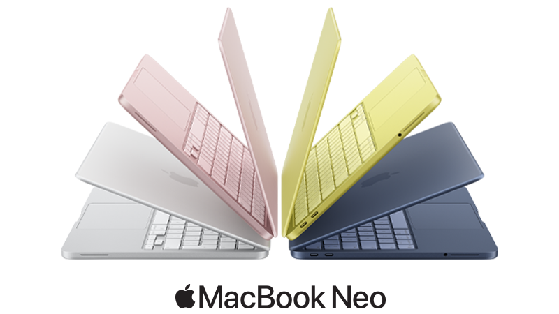 Fyra MacBook Neo-datorer i olika färger: silver, rosa, gul och mörkblå, arrangerade i ett solfjäderformat mönster.