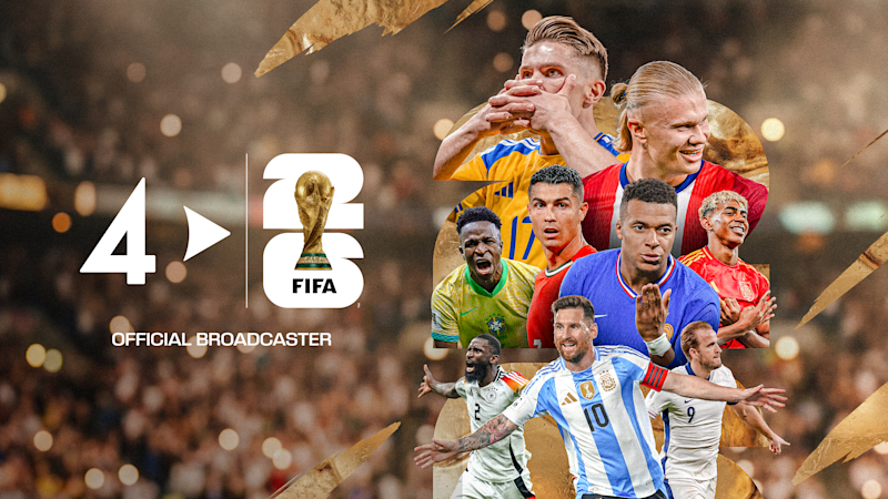 FIFA VM 2026 officiell sändare-logotyp med collage av kända fotbollsspelare, inklusive Messi och Haaland.