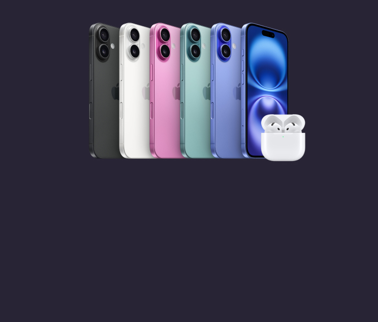 Alla färger av iPhone 16 med AirPods 4 framför