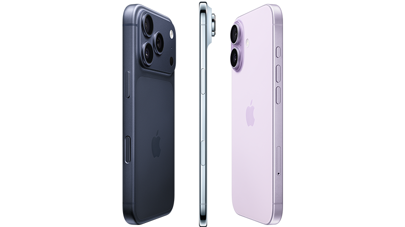 Tre iPhone-modeller visas från olika vinklar - en mörkblå med trippelkamera, en silverfärgad från sidan och en ljusrosa med dubbel kamera.