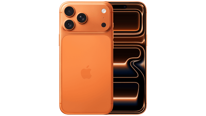 Två iPhone 17 Pro Max-mobiler i orange. Den ena har baksidan mot kameran, med aluminiumhölje med Apple-logotyp och tre kameror i övre vänstra hörnet. Den andra visar en skärm med abstrakta linjemönster i svart och orange.