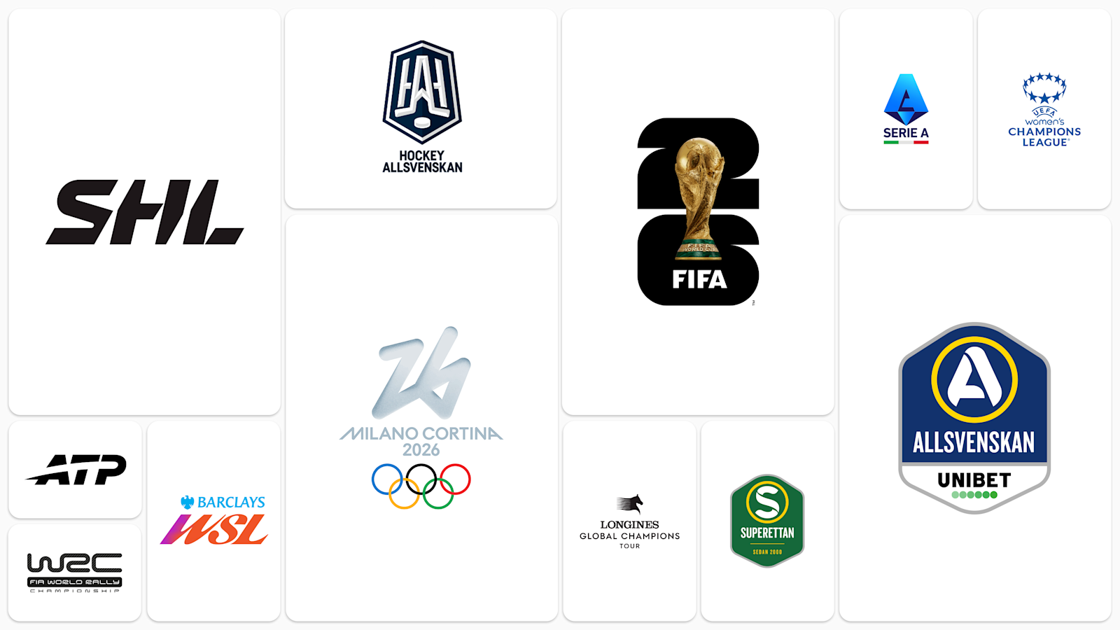 Samling av sportlogotyper inklusive SHL, Hockey Allsvenskan,, FIFA World Cup, Serie A, UEFA Women's Champions League.