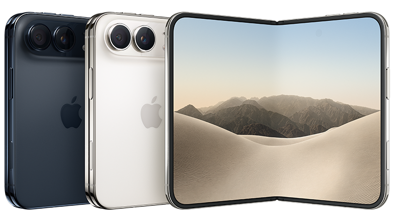 Tre iPhone-modeller visas: en mörkblå, en beige och en vikt med öppen skärm som visar ett ökenmotiv.