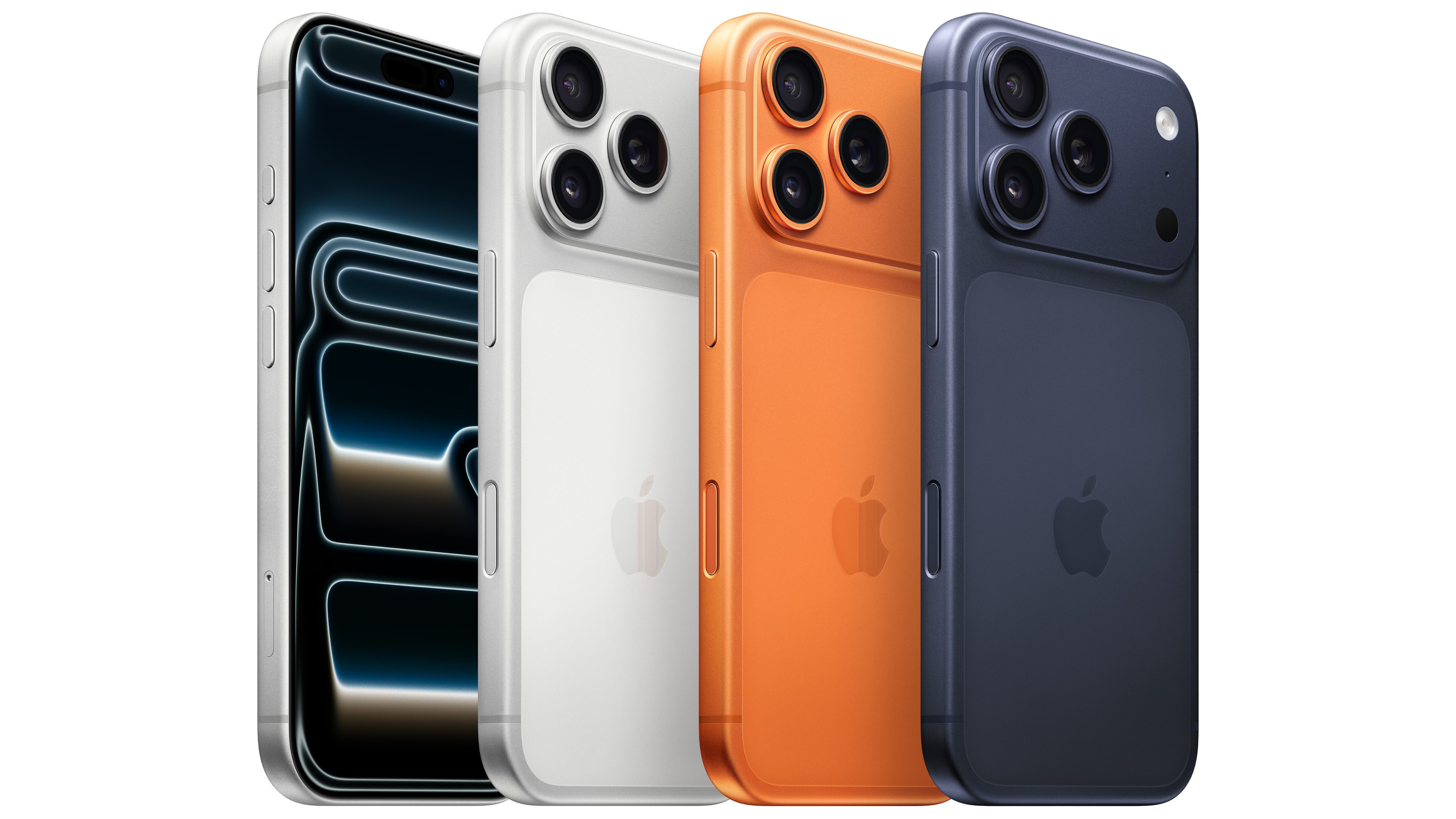 Fyra iPhone 17 Pro-modeller i olika färger: svart, vit, orange och mörkblå, visade från baksidan med tydliga kamerasystem.