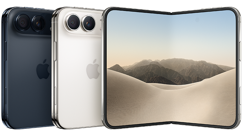 Tre iPhone-modeller visas: två i mörk och ljus färg bakifrån, samt en vikt iPhone med öppen skärm som visar ökenlandskap.