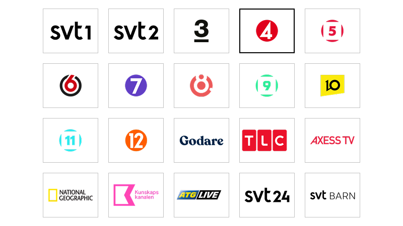 Kanaler som ingår i Tv Bas: SVT1, SVT2, TV3, TV4, Kanal 5, TV6, Sjuan, TV8, Kanal 9, TV10, Kanal 11, TV12, Godare, TLC, Axess TV, National Geographic, Kunskapskanalen, ATG Live, SVT24, SVT Barn