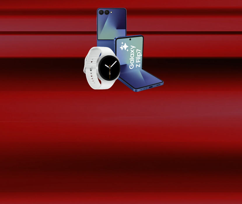 Samsung Galaxy Z Flip7 med Galaxy Watch8 mot en röd bakgrund