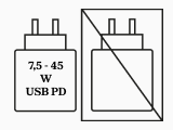 En vit USB PD-laddare märkt 7,5–45W visas bredvid en förbjuden symbol över en liknande laddare.