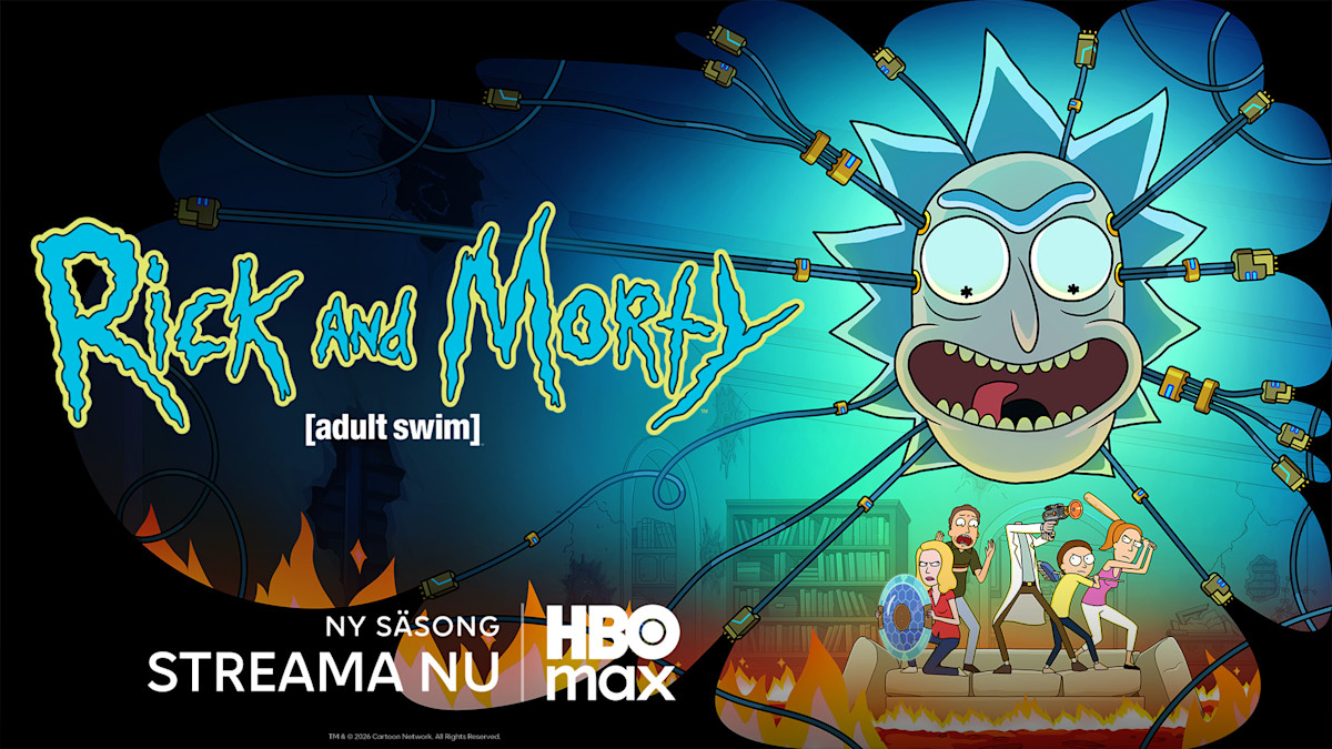 Reklamaffisch för Rick and Morty på HBO Max. Ricks stora huvud med kablar, karaktärer i kaos nedtill, text "Ny säsong streama nu".