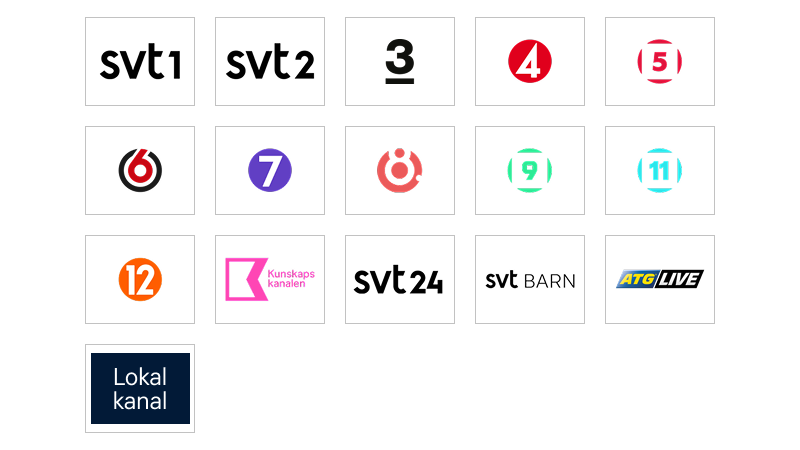 Logotyper för svenska TV-kanaler: SVT1, SVT2, TV3, TV4, TV5, TV6, TV7, TV8, TV9, TV11, TV12, Kunskapskanalen, SVT24, SVT Barn, ATG Live och Lokal kanal.