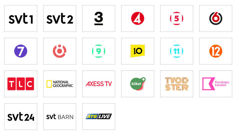 Logotyper för svenska TV-kanaler, inklusive SVT1, SVT2, TV3, TV4, TV6, TV7, TLC, National Geographic och fler.