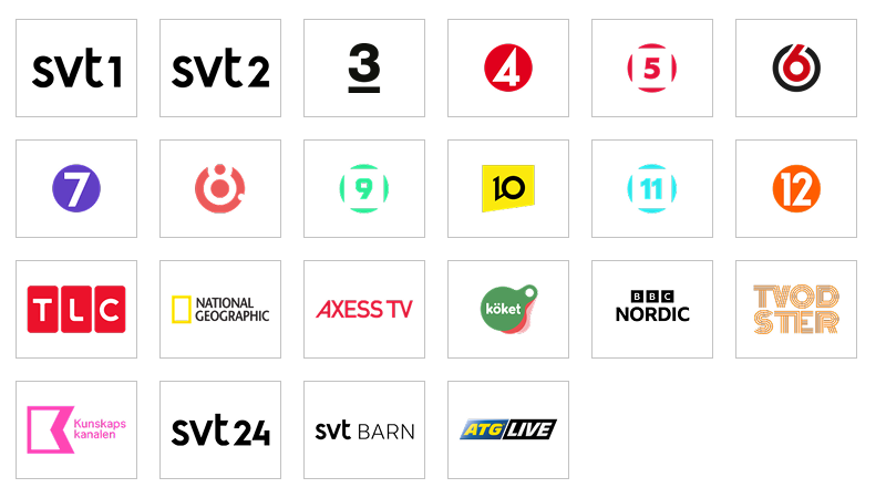 Logotyper för svenska TV-kanaler, inklusive SVT1, SVT2, TV3, TV4, TV6, Sjuan, TLC, National Geographic och fler.