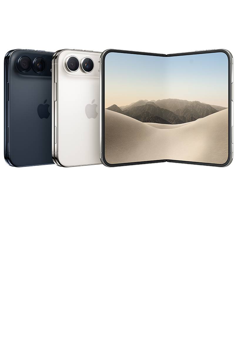Fram- och baksida av en hopfälld och en uppvikt smartphone modell iPhone Duo. Baksidan är vit med två kameror i övre vänstra hörnet och den uppvikta skärmen visar ett ökenlandskap.