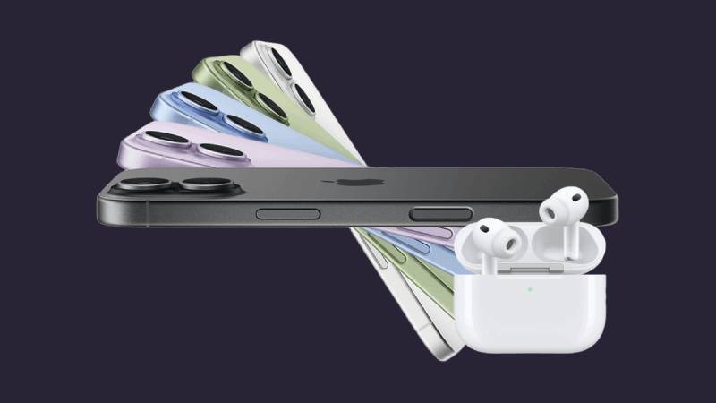 Fem smartphones av modell iPhone 17 i färgerna svart, lila, blå, grön och vit samt ett par hörlurar modell AirPods Pro 3 i vitt med vitt fodral mot mörk bakgrund.