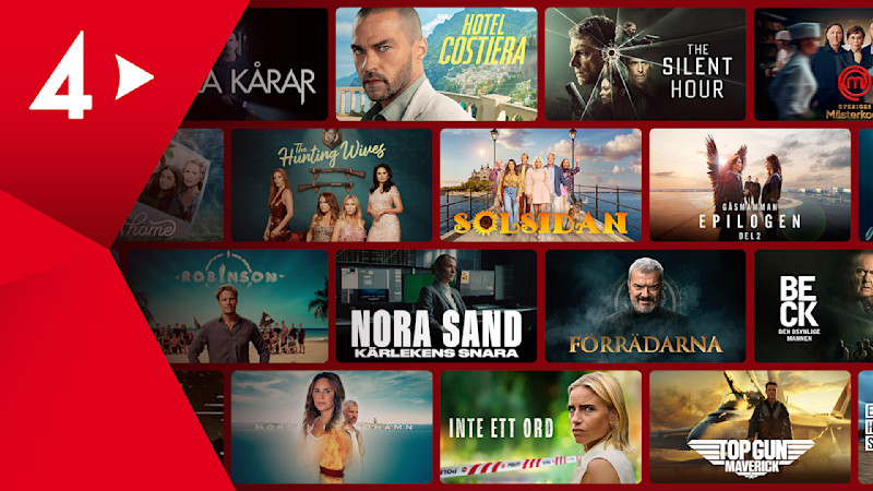 Kollage av TV4-logotypen och flera programaffischer.