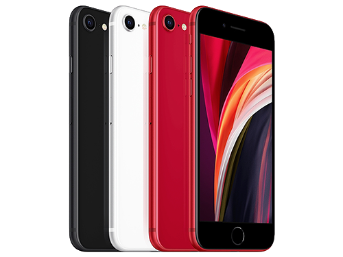 Tre iPhone SE visas i färgerna svart, vit och röd, med fram- och baksida synliga mot vit bakgrund.