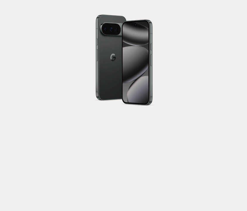 Fram- och baksida på svart Google Pixel 10 Pro mot ljusgrå bakgrund