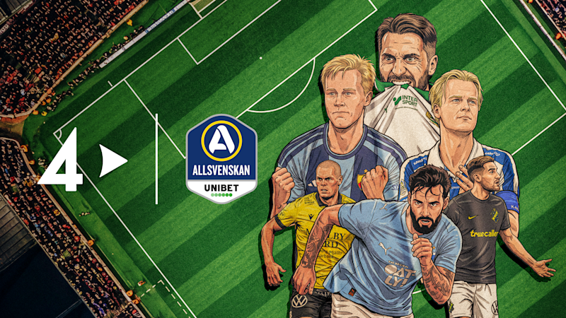 Illustration av fotbollsspelare från Allsvenskan med olika klubbtröjor på en fotbollsplan med Allsvenskans logotyp.