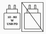 En vit USB PD-laddare märkt 10-80W visas bredvid en överkorsad laddare som indikerar vad som inte är tillåtet.