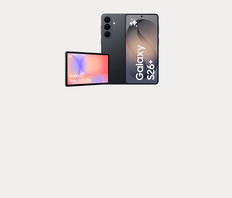 Samsung Galaxy S26+ smartphone i mörkgrått visas framifrån och bakifrån, tillsammans med en Galaxy Tab S10 Lite surfplatta.