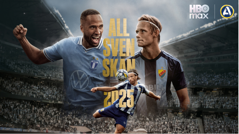Fotbollsspelare i olika klubbtröjor på en arena med texten "ALLSVENSKAN 2025" och HBO Max-logotypen.